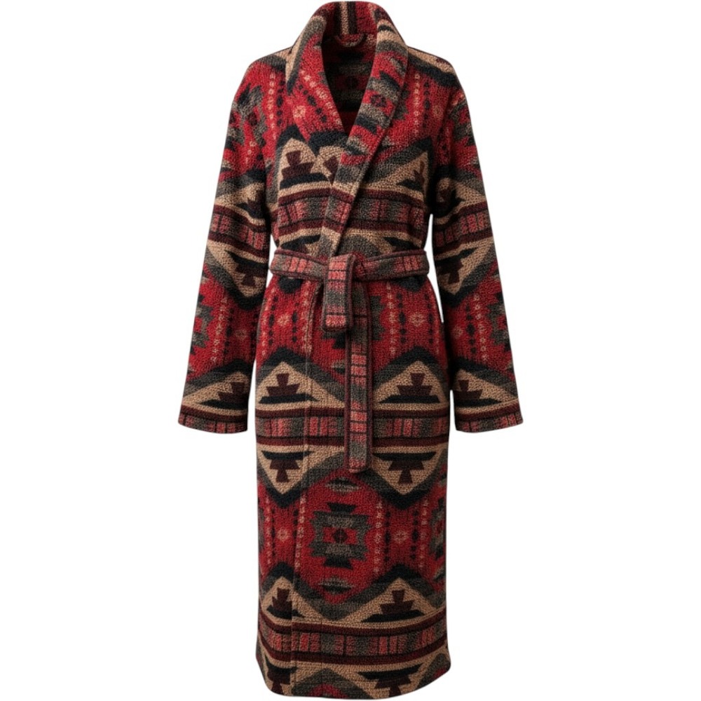 Woolrich Mens M/L Robe Southwestern Aztec Fleece Belted Red Black Shawl Collar